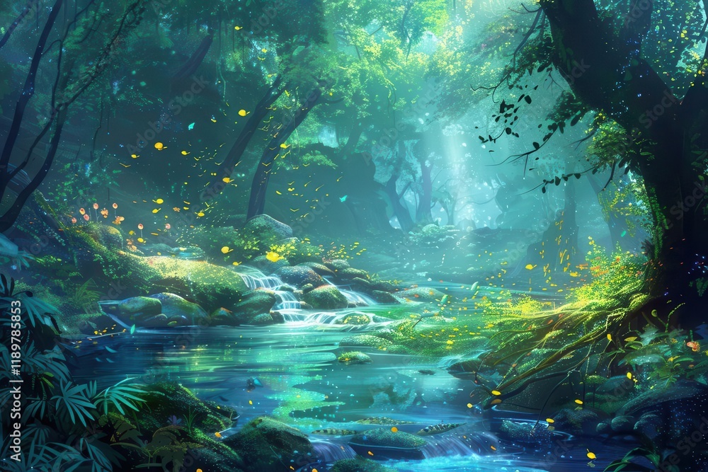 Fototapeta premium A serene forest scene with a gentle stream and dappled sunlight filtering through lush greenery.