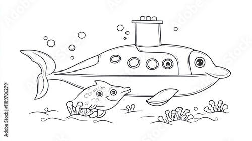 Dolphin sub with pup underwater for coloring book photo