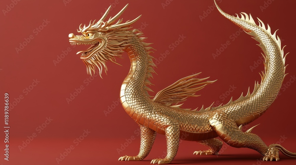 Fototapeta premium 3d Full body golden dragon in bend body pose, red background 