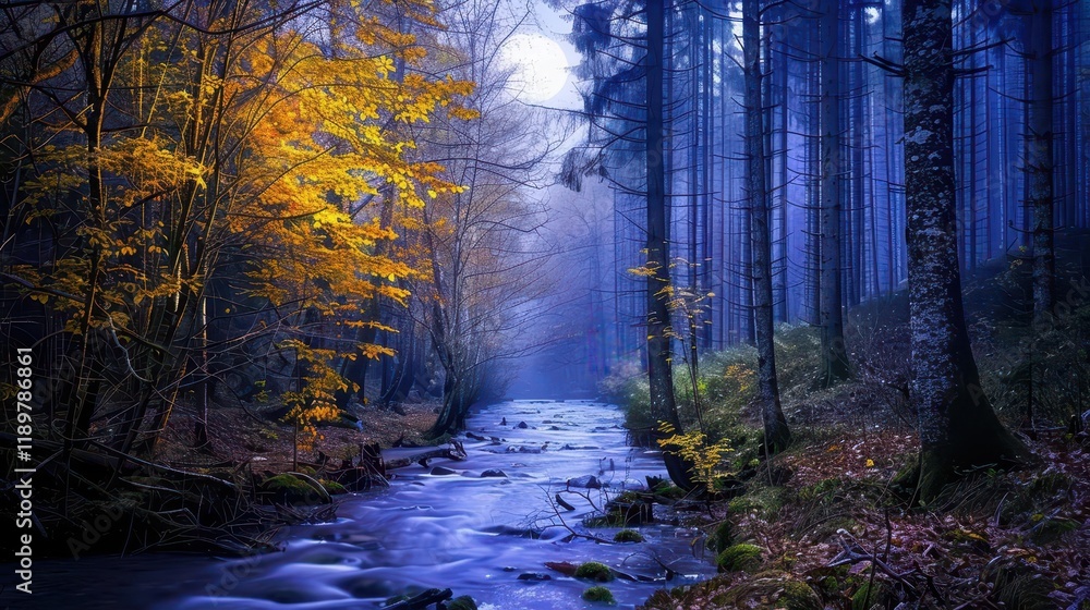 Fototapeta premium A serene forest stream surrounded by autumn foliage and misty trees, evoking tranquility and nature's beauty.