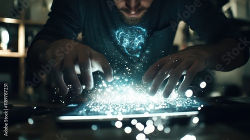 Man's hands operating a laptop, illustrating technology with a focus on digital interaction. photo