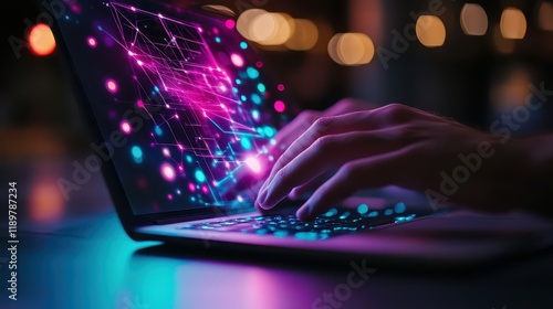 Man's hands operating a laptop, illustrating technology with a focus on digital interaction. photo