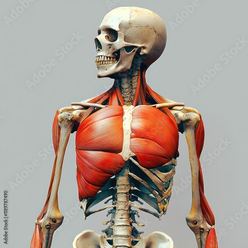 Detailed 3D Rendering of Male Human Skeleton with Focus on Transversus Abdominis Muscle Anatomy and Structure photo