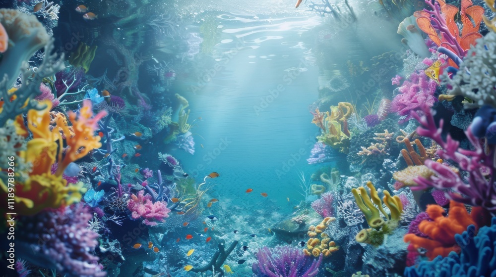a whimsical underwater kingdom teeming with colorful marine life and coral reefs, white space in the center of the page for text, vivid and aquatic hues against a backdrop of shimmering waters a whimsical underwater kingdom teeming with colorful marine life and coral reefs, white space in the center of the page for text, vivid and aquatic hues against a backdrop of shimmering waters