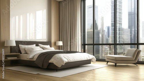 A modern bedroom featuring minimalist furniture, hardwood flooring, and a large window, set against a light background to highlight a contemporary living concept. photo