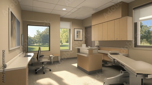 Modern beige doctor's office interior featuring a clean, welcoming space with comfortable furnishings and a professional atmosphere. photo