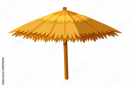 A straw beach umbrella with natural textures, isolated against a white background