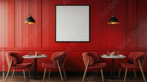 A modern cafe interior featuring wooden furniture, large windows, and a white blank wall, set in a light-filled space. photo