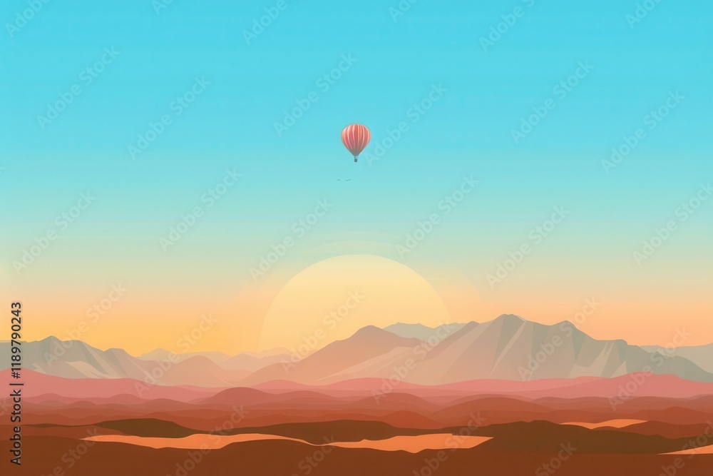 Fototapeta premium A serene landscape featuring a hot air balloon soaring over mountains during sunset.