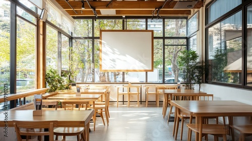 A modern cafe interior featuring wooden furniture, large windows, and a white blank wall, set in a light-filled space. photo