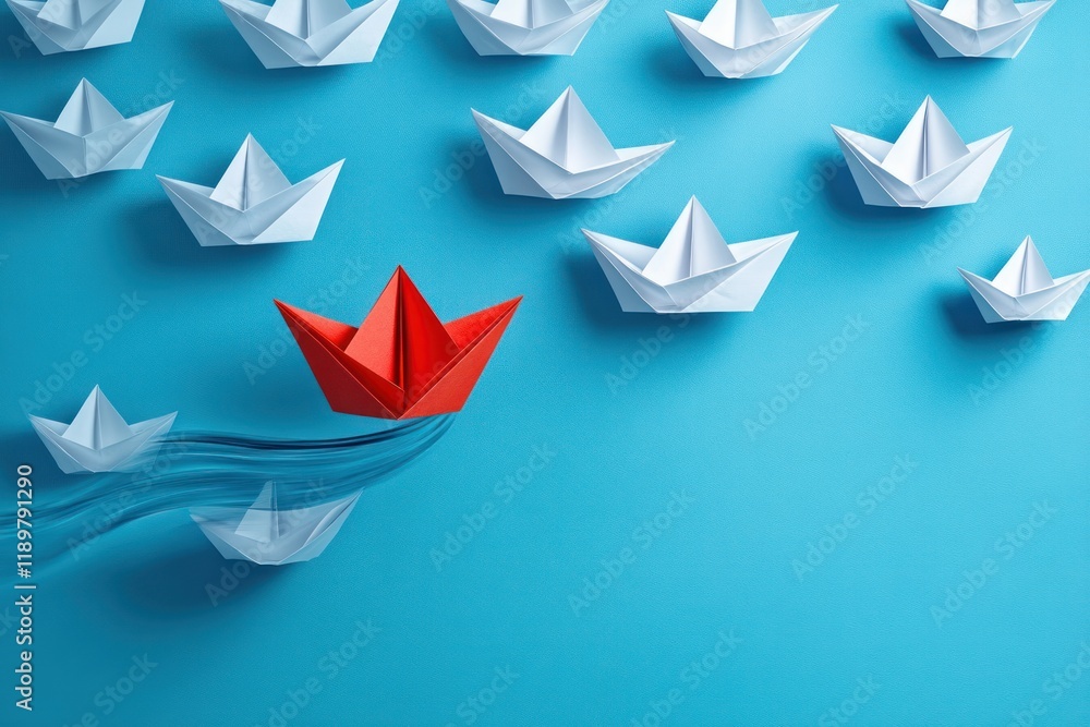 Red Paper Boat Navigating Away from White Paper Boats on Blue Background Innovative Business Concept Red Paper Boat Navigating Away from White Paper Boats on Blue Background Innovative Business Concept