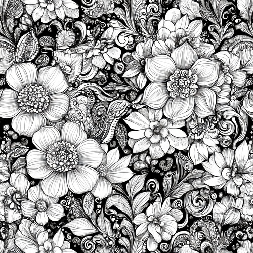 Wallpaper Mural Intricate Black and White Floral Pattern with Detailed Illustrations Torontodigital.ca