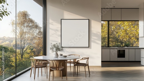 A modern dining room with a round table and chairs, featuring large windows and a minimalistic kitchen. photo