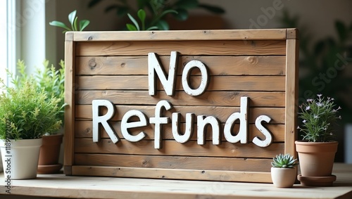 no refunds is boldly displayed in a rustic, hand-painted style on a wooden signboard background