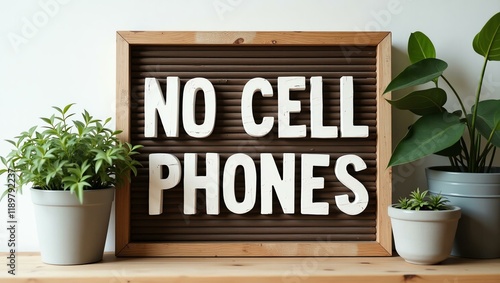 no cell phones is boldly displayed in a rustic, hand-painted style on a wooden signboard background photo