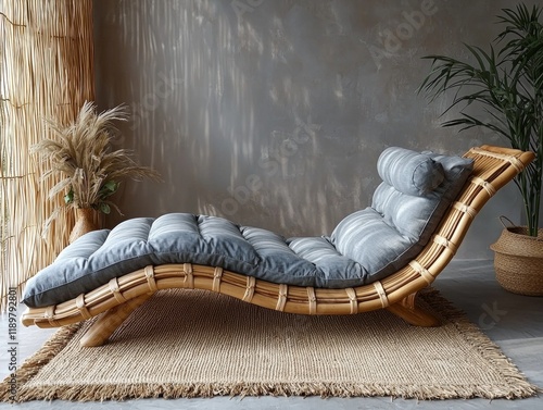 modern lounge chair crafted from sustainable bamboo rests on soft jute rug accented eco friendly cushions in nature inspired living room setting. photo