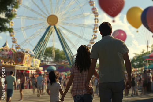 A joyful family enjoying an amusement park with Ferris wheels and balloons in the background.