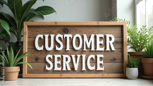 customer service is displayed in a rustic, hand-painted style on a wooden signboard background