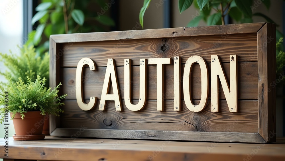 Obraz premium caution is boldly displayed in a rustic, hand-painted style on a wooden signboard background