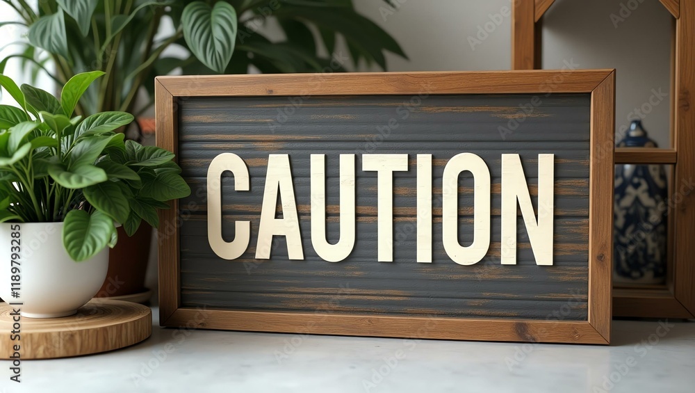 caution is boldly displayed in a rustic, hand-painted style on a wooden signboard background