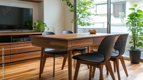 A modern home living room featuring a stylish eating table with chairs, a sleek drawer for storage, and a window that allows natural light to brighten the space. photo