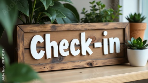check-in is boldly displayed in a rustic, hand-painted style on a wooden signboard background
