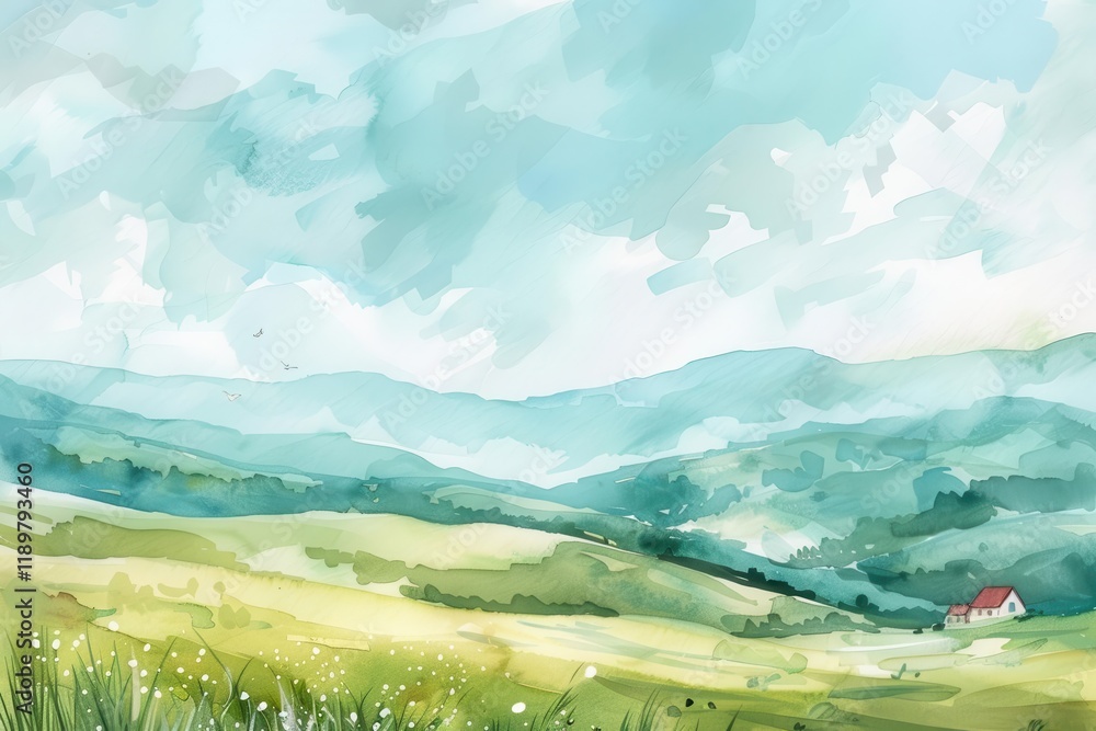 Obraz premium A serene landscape featuring rolling hills, soft clouds, and a small house in the distance.