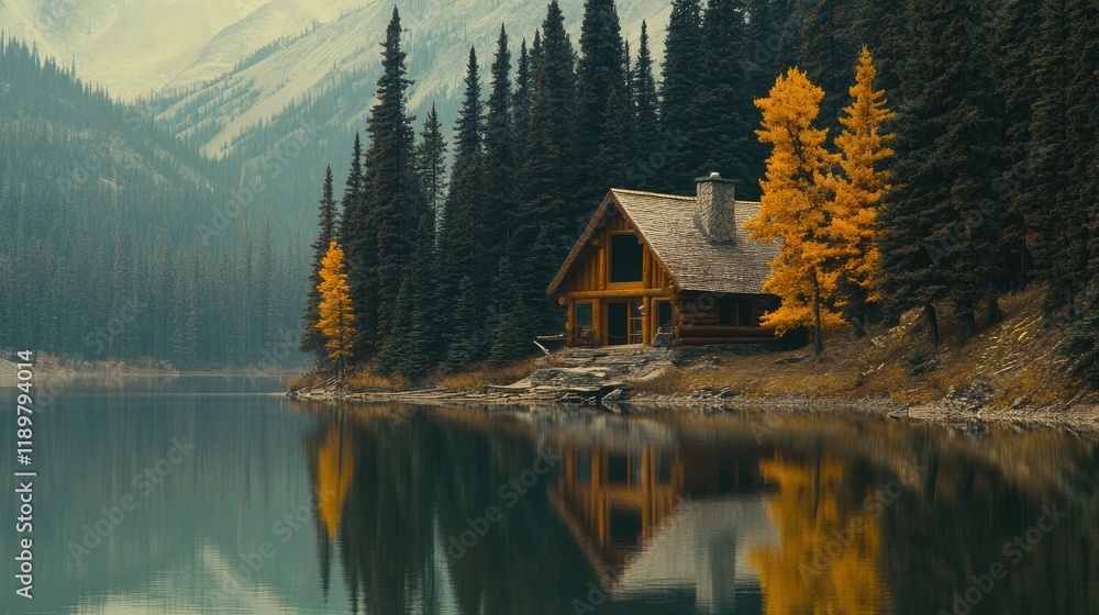 Fototapeta premium A picturesque lakeside cabin surrounded by trees and reflecting in the calm water.