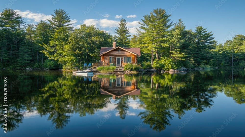 Fototapeta premium A picturesque lakeside cabin surrounded by trees and reflecting in the calm water.