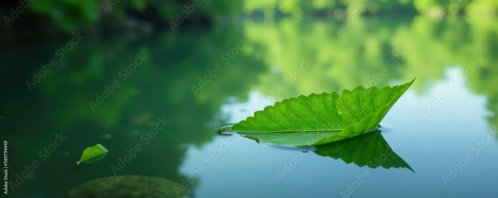 A single green leaf drifting in the water of a calm river, drifting, leaf A single green leaf drifting in the water of a calm river, drifting, leaf