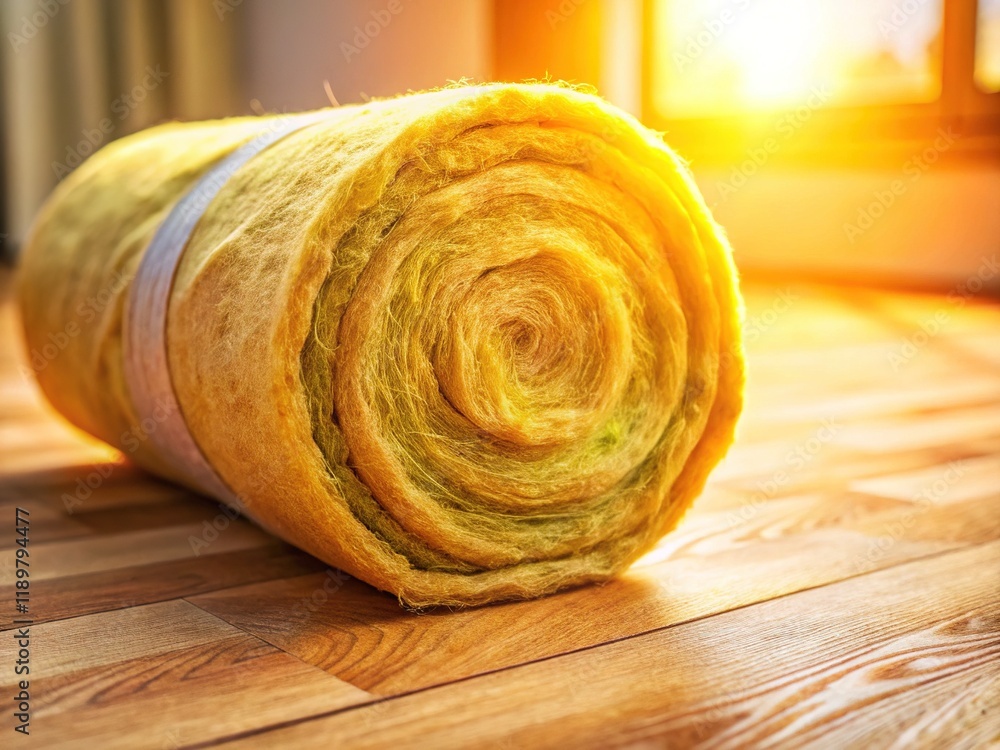 Bright Mineral Wool Roll on Wooden Floor - High-Resolution Stock Photo Bright Mineral Wool Roll on Wooden Floor - High-Resolution Stock Photo
