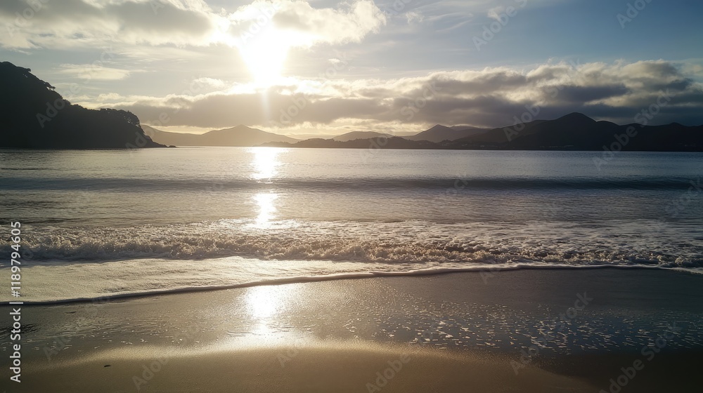 Obraz premium A quiet beach with gentle waves lapping at the shore under a bright morning sky.