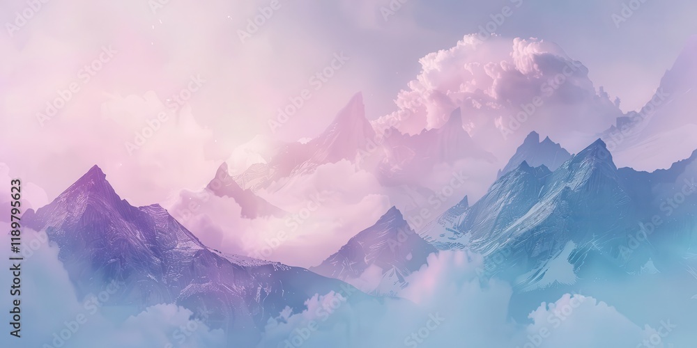 Fototapeta premium A serene mountain landscape with pastel colors and soft clouds, evoking tranquility and beauty.