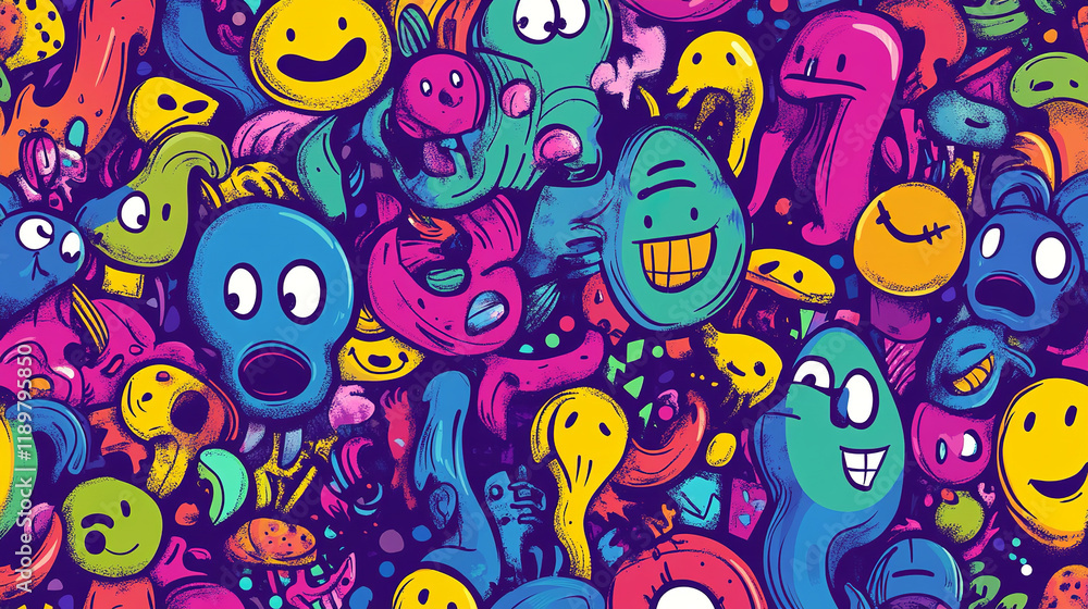 The image is a vibrant and colorful illustration filled with various abstract shapes and faces, predominantly featuring bright yellow and blue characters with simple, expressive faces The image is a vibrant and colorful illustration filled with various abstract shapes and faces, predominantly featuring bright yellow and blue characters with simple, expressive faces