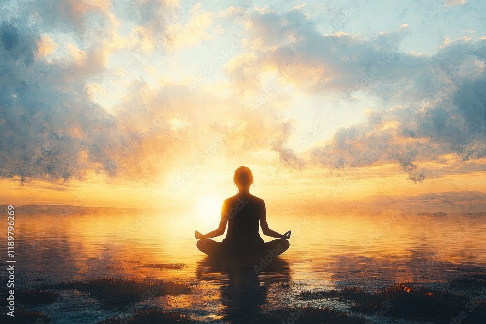 Meditating Woman on Beach at Sunrise with Sun Glare and Lens Flare Meditating Woman on Beach at Sunrise with Sun Glare and Lens Flare