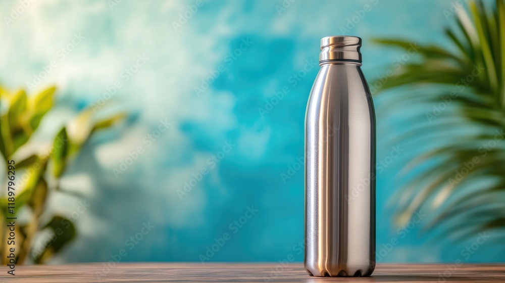 A sleek stainless steel water bottle on a wooden table with a bright, minimalist background. A sleek stainless steel water bottle on a wooden table with a bright, minimalist background.