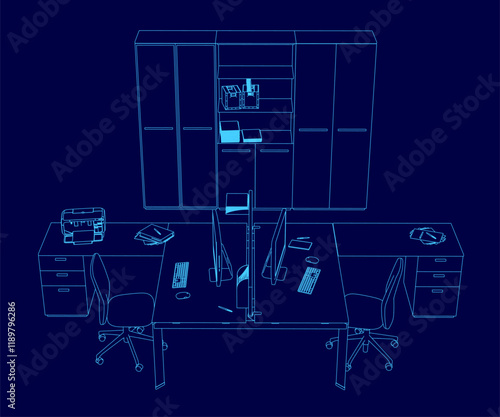 Blue drawing of a cubicle with two desks and two chairs. The desks are separated by a partition