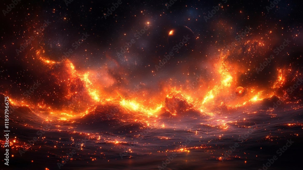 Fototapeta premium Fiery Nebula in Deep Space: A Cosmic Tapestry of Intense Energy and Glowing Stars