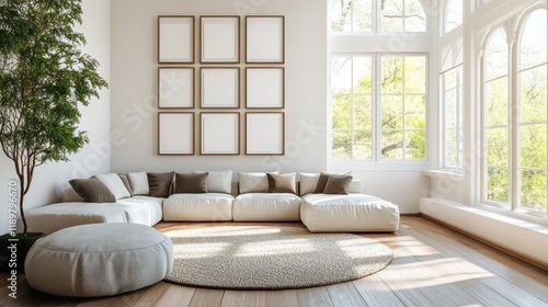 A modern living room interior featuring empty posters on the wall, wooden flooring, and stylish furniture. photo