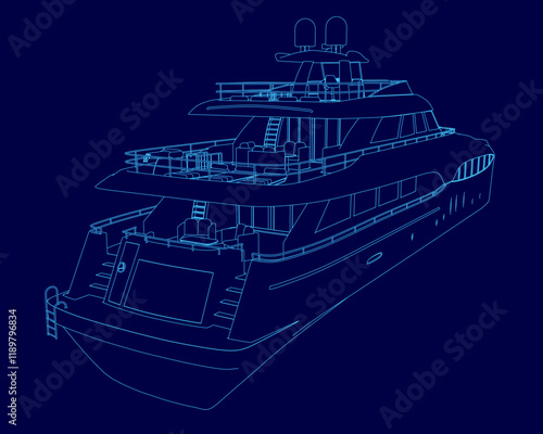 Blue boat with a stripe on the side. The boat is shown in a blue drawing