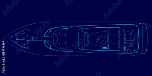 Blue image of a boat with a blue background. The boat is shown in a stylized way, with the details of the boat's design and features emphasized. Scene is one of excitement and adventure