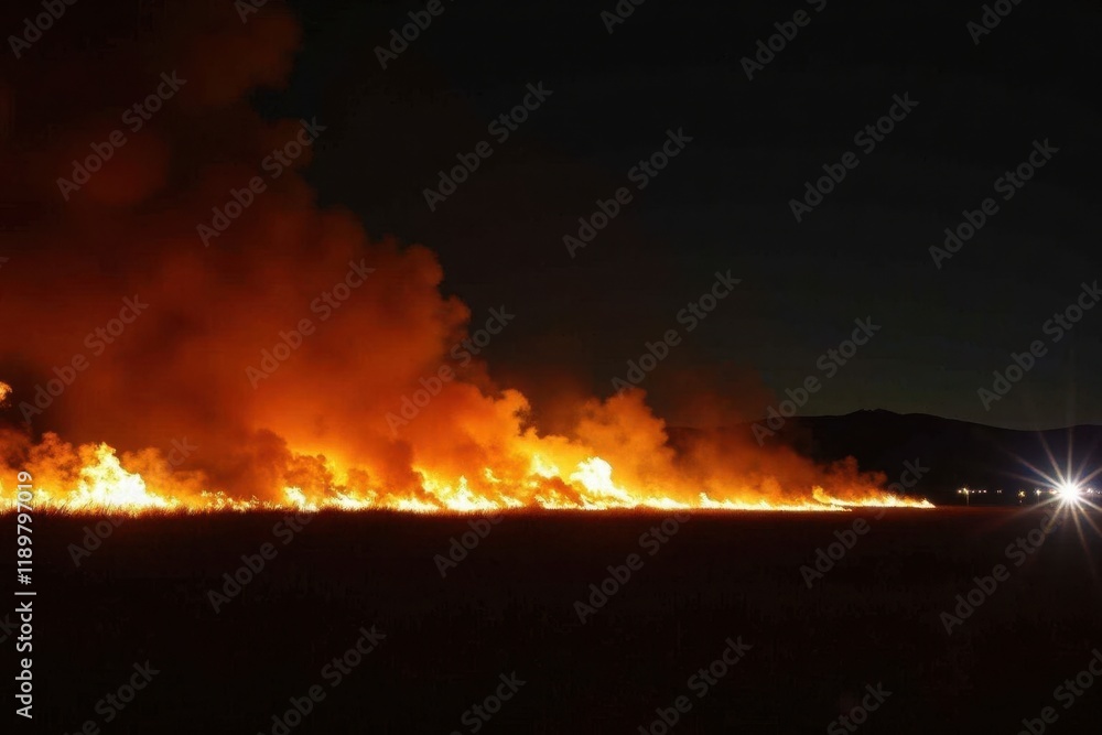 A dramatic wildfire spreads across a dry grassland, with flames illuminating the night sky. In the distance, firefighters set up a perimeter to control the spread A dramatic wildfire spreads across a dry grassland, with flames illuminating the night sky. In the distance, firefighters set up a perimeter to control the spread