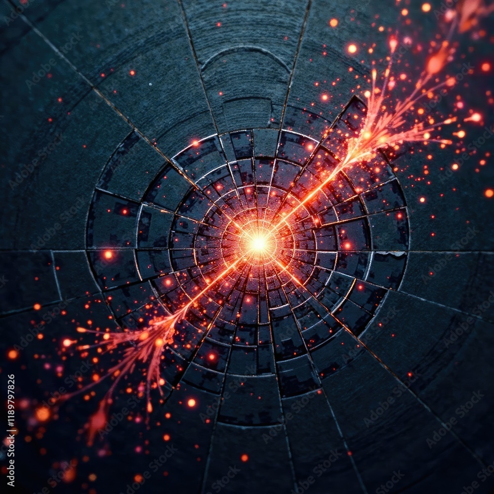 Obraz premium Cosmic dust particles swirl around a shattered chalkboard, break, shards
