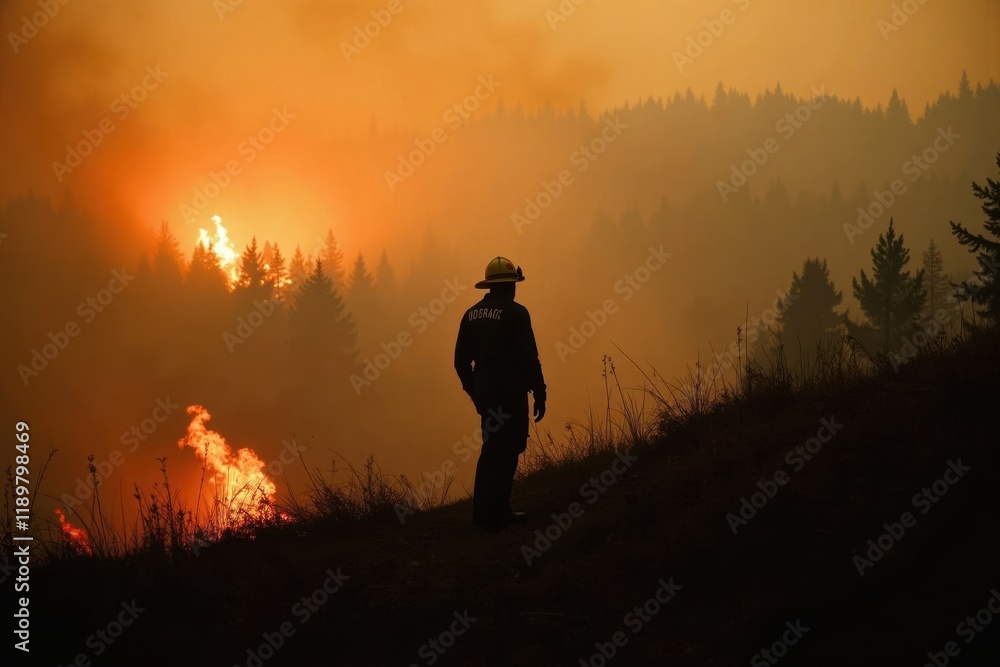 Fototapeta premium A firefighter stands on a hillside, watching a wildfire spread through the forest below. His silhouette is outlined by the bright flames, and ash falls around him