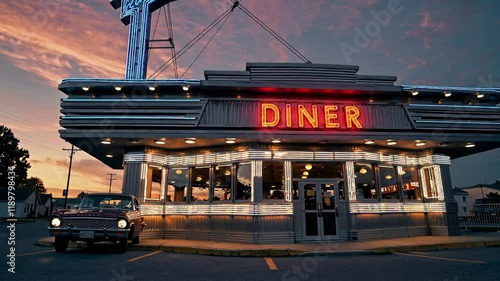 Iconic Vintage Diner at Sunset with Classic Car