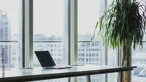 A modern office interior featuring a conference room with wooden flooring and large windows showcasing a city view in the background. photo