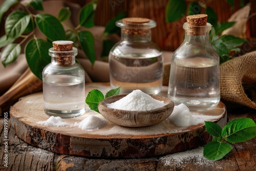 Detailed Image of Baking Soda Sodium Bicarbonate and Vinegar, on Wooden Background photo