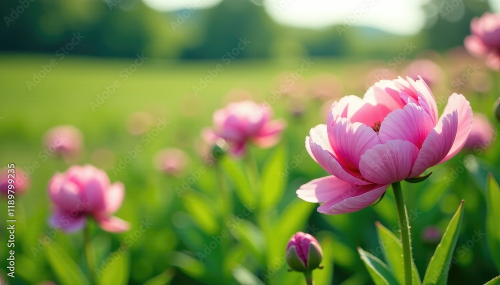 Delicate purple peonies sway in the breeze amidst a tapestry of emerald fields, spring, countryside Delicate purple peonies sway in the breeze amidst a tapestry of emerald fields, spring, countryside