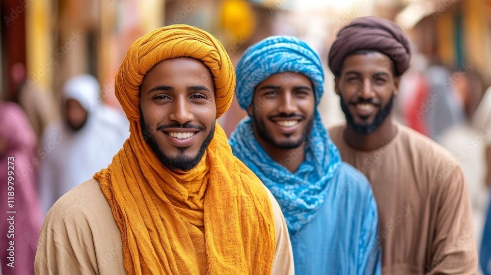 Portrait of Three Smiling Men in Traditional Headwear Portrait of Three Smiling Men in Traditional Headwear