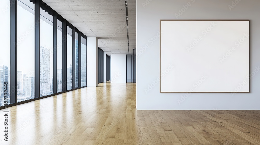 Fototapeta premium A modern office interior featuring a conference room with wooden flooring and large windows showcasing a city view in the background.